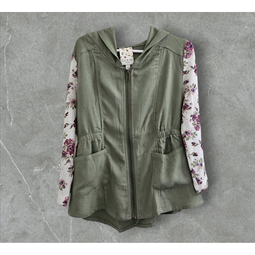 Belle du Jour Toddler Girls Long Sleeve Zip Up Hooded Jacket Green Floral Size 4
